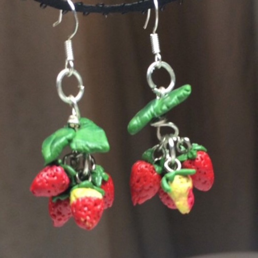 Miniature strawberry dangle hook earrings